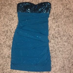 Blue tight fitted sparkly sequined strapless dress
